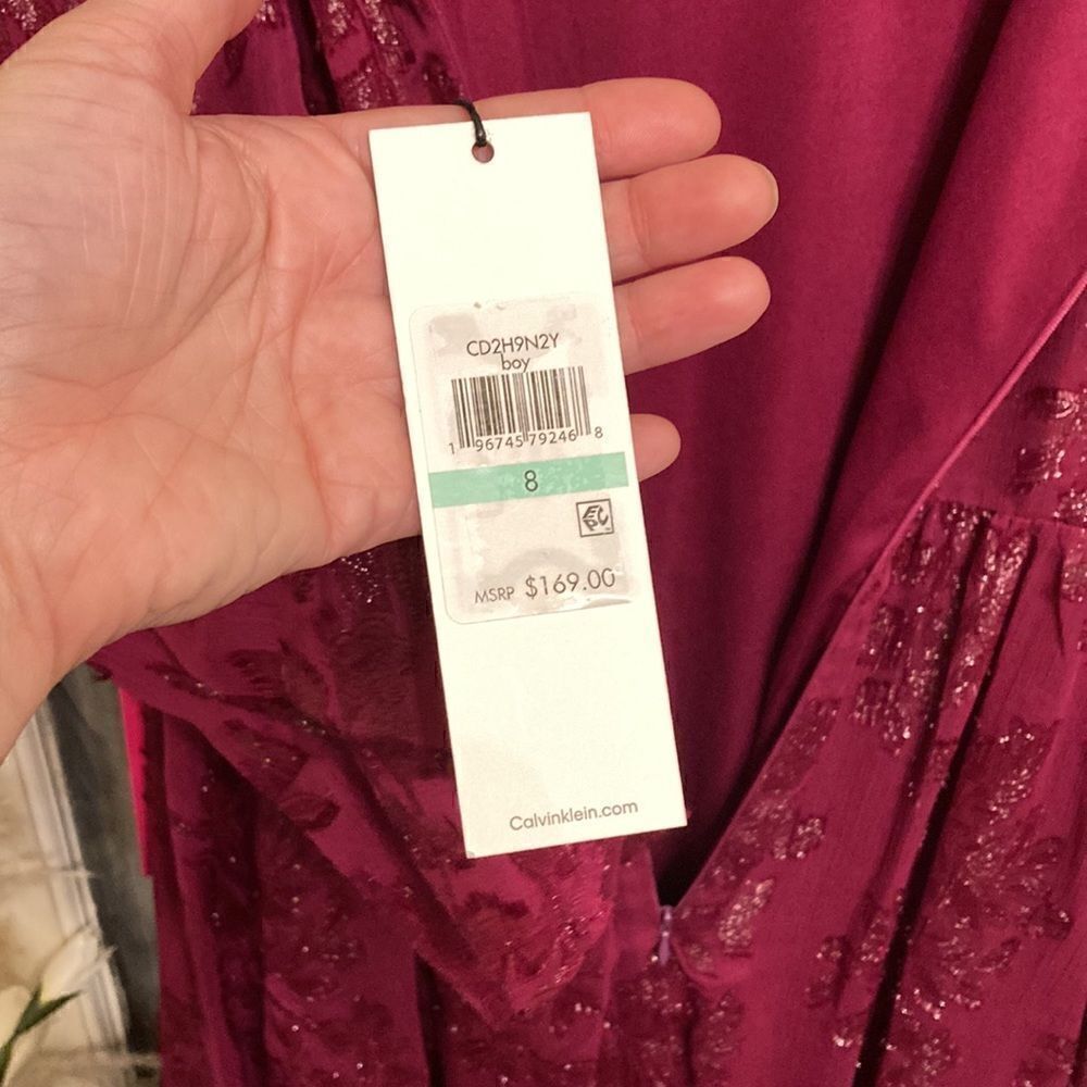NWT Calvin Klein Burgundy and Silver Metallic Floral Dress - Picture 9 of 15